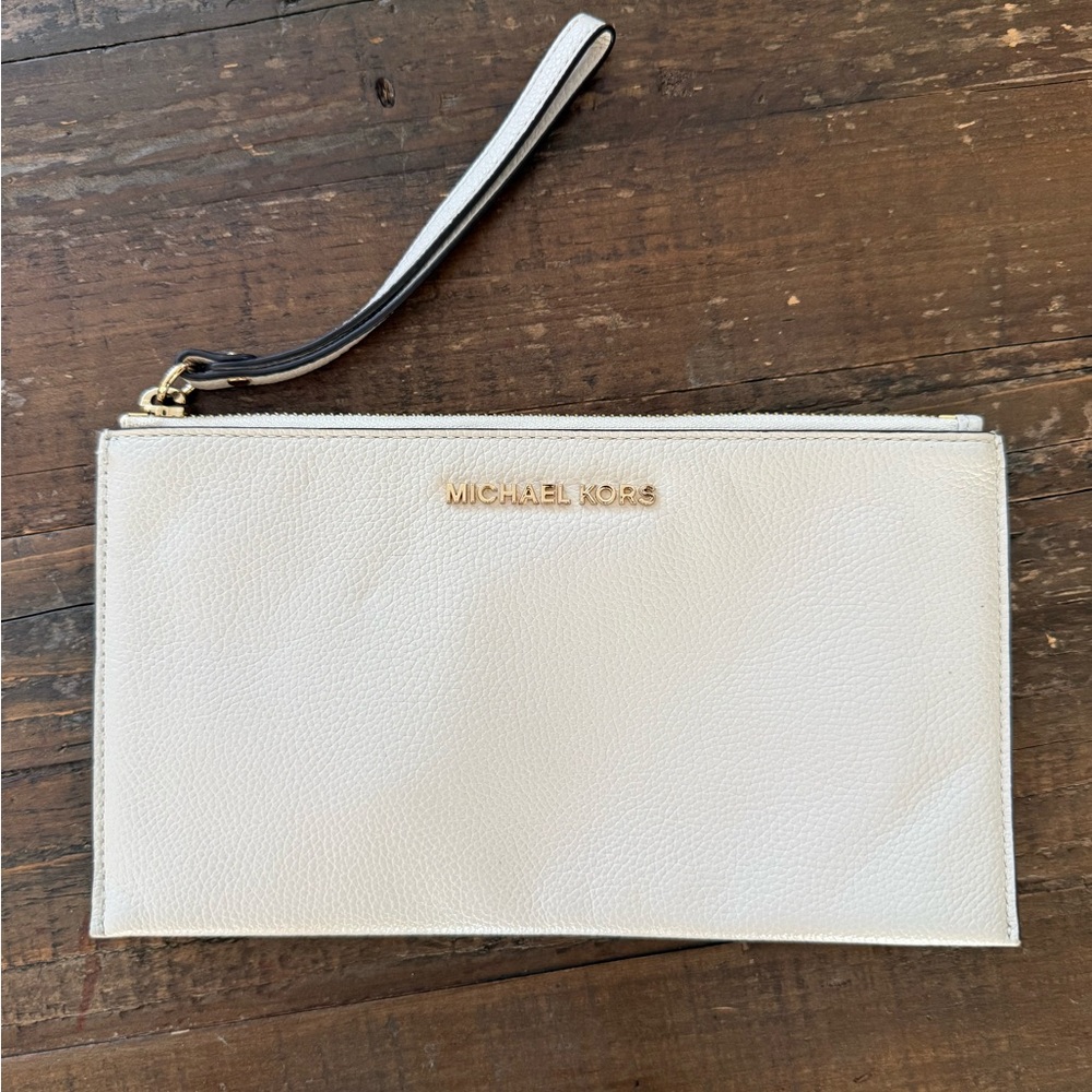 Michael Kors Cream/White Leather Wristlet Clutch with Gold Logo